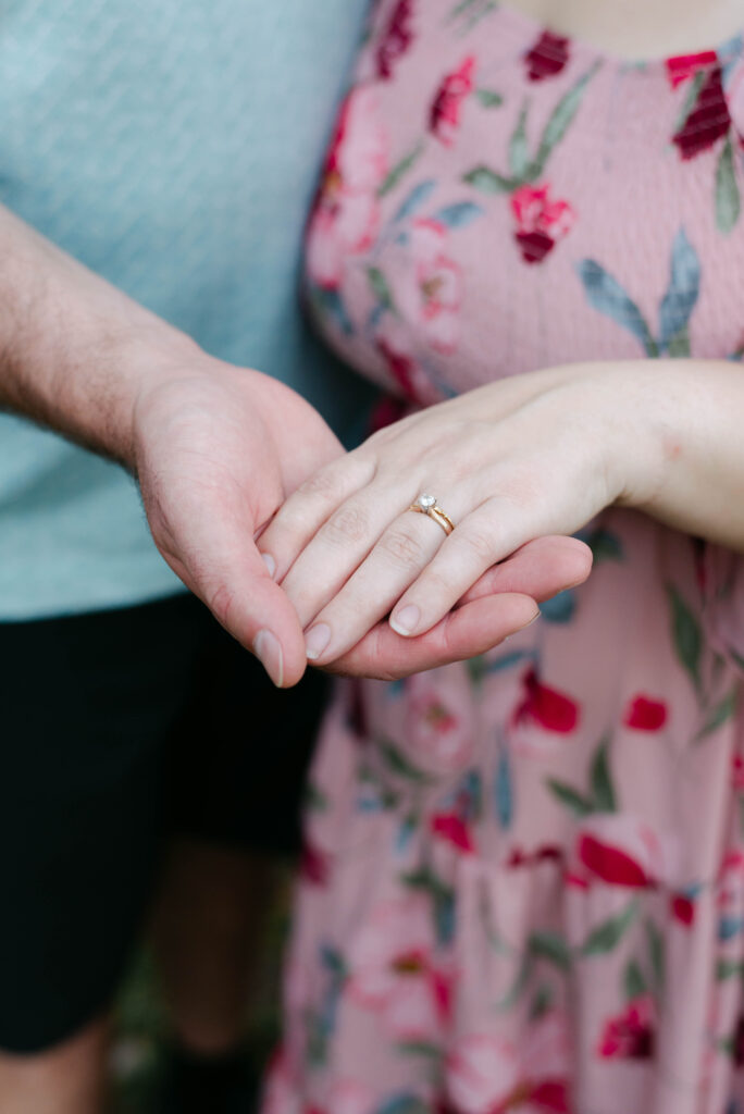 Close-up of engagement ring during backyard proposal in West Palm Beach, Florida