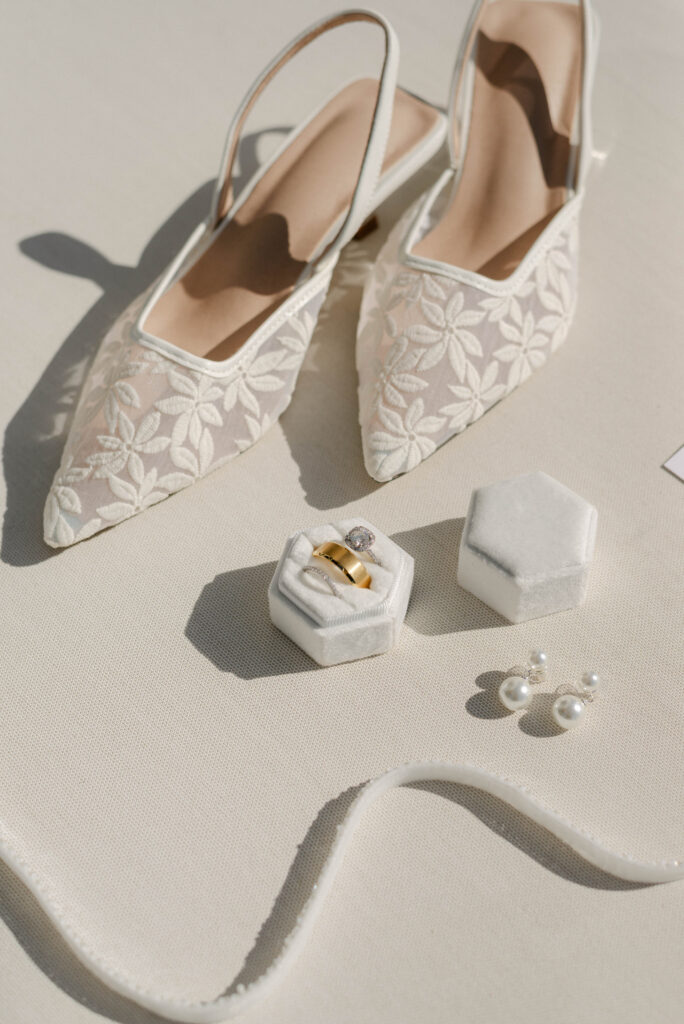 bridal shoes, rings, and jewelry styled at the courtyard hotel in delray beach